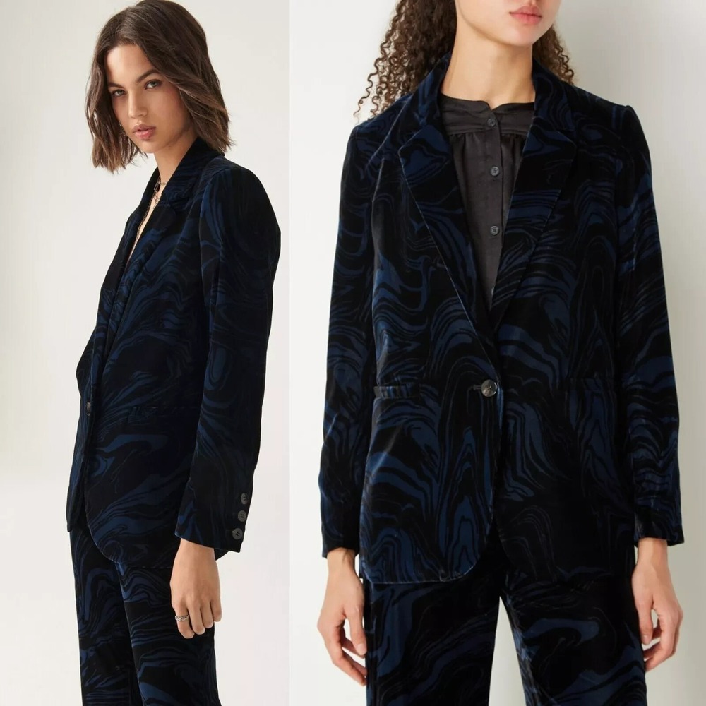 ba&sh Navy Blue Black Swirl Marble Velvet Single Button Blazer Jacket Size M